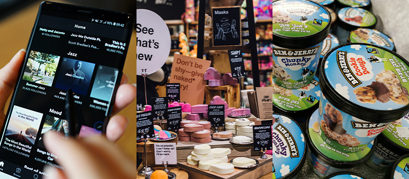 illustration of spotify app, lush products and ben & jerry ice cream jar